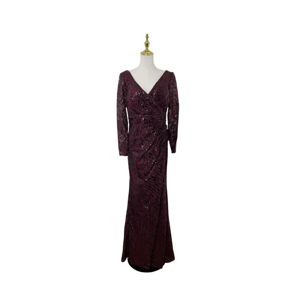 Mac Duggal 12412 Garnet Sequin Embroidered Lace Slit Gown Size 8 $698 - Picture 3 of 7